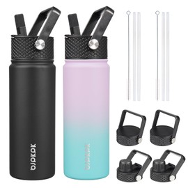 BJPKPK 2 Pack Insulated Water Bottles with Straw Lids, 22oz Stainless Steel Metal Water Bottle with 6 Lids, Leak Proof BPA Free Jugs, Cups, Flasks for Travel, Sports (Lavender Green+Black)