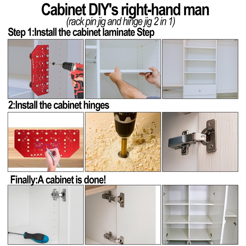 Shelf Pin Hole Jig and Hinge Clamp Two-in-One, with Self-Clamping