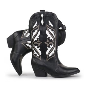 Hawkwell Women's Embroidered Stitched Mid Calf Cowboy Boots Slip On Pointed Toe Chunky Block Heel Classic Pull On Cowgirl Western Booties for Ladies,Black PU,9.5