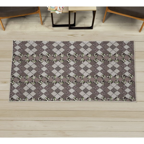 Ambesonne Retro Decorative Area Rug, Patchwork with Polka Dots Hibiscus