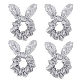 4 Pack Metallic PU Leather Hair Bows Gold or Silver Bright Hair Scrunchies Hair Bobbles Elastics Ponytail Holders Hair Wrist Ties Bands Scrunchies for School Show Gym Dance Party Club Girl (Silver)