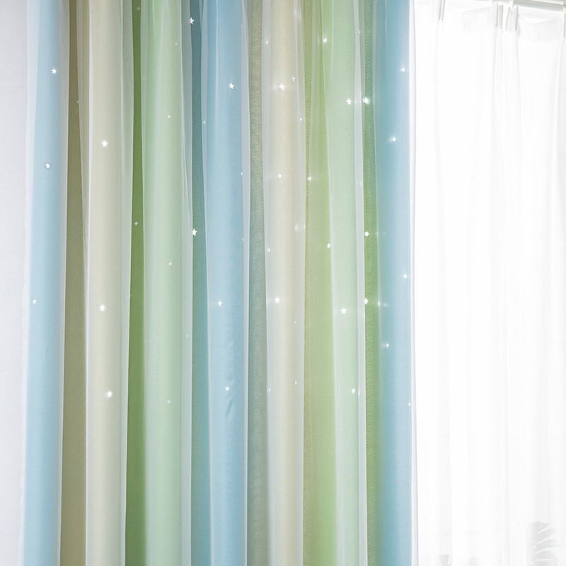2pc Curtain Simple Gradient Hollow-out Star Pattern Double Layer Blackout