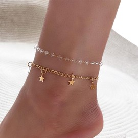 Yienate Boho Star Crystal Anklet Bracelet Gold Star Sequin Charm Ankle Chain Crystal Beads Satellite Chain Anklet Beach Foot Chain 2 Pcs Set Layered Anklet Jewelry Gift for Women Girls