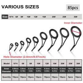 LINGUANG 75 Pieces Stainless Steel Rod Guides for Single Foot Fishing Ceramic Ring and Grommets Repair Kit and 10 Pieces Rod Tips for Saltwater Rods and Poles