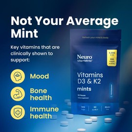 Neuro Vita-Mint D3+K2 – 5,000 IU Vitamin D3 & 200 mcg K2 for Bone, Immune & Mood Support – Sugar-Free Peppermint Mints