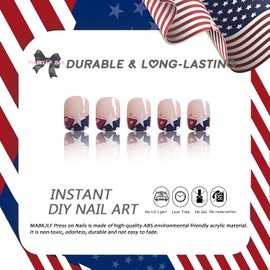 4th of July Press on Nails Short Square French Tip Fake Nails Nude Full Cover False Nails with Wave Point Big Star Designs Glossy Glue on Nails Tricolor Flag Acrylic Artificial Nails for Women Girls