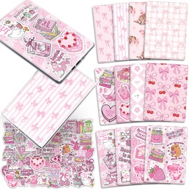 TAKEALOOKO Coquettte Insert Cardstock Paper for Kindle - 12Pcs Pink Bow Back Cover Inserts Decorating Accessories and 50Pcs Cute Stickers for Kindle E-Reader, Bookish Gift for Book Lover
