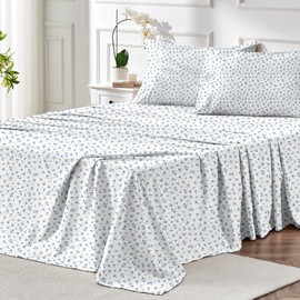 MUXHOMO Queen Size Sheet Set, Soft Breathable 4 Piece Bed Sheet Set for Bedroom with Deep Pocket Up to 16", Wrinkle-Free & Cooling Bedding for Oeko-TEX Certified - Floral Blue