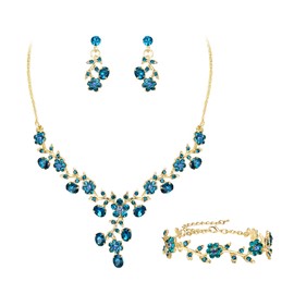 EVER FAITH Wedding Jewelry for Bride, Rhinestone Crystal Cluster Flower Leaf Bridal Pendant Necklace Earrings Bracelet Sets Sky Blue Gold-Tone