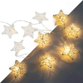 WYZworks 6 ft 10 LED Metal Rattan Style Star String Fairy Lights Garland, Battery Operated, Wedding Holiday Christmas Tree, Valentine Kid’s Room Bedroom Decorative, Indoor Outdoor, Warm White