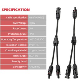 Y-Junction Parallel Connector Plug Solar PV Cable Solar Panel Cable Connector MMF/FFM Solar 1 to 2 Branch Adapter TRAMILY (1 Pair)