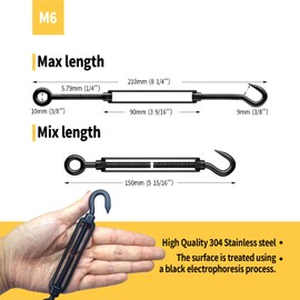 RiaYer 5 Pack Black Stainless Steel M6 Hook and Eye Turnbuckle, Heavy Duty Wire Rope Tensioner, Adjustable Hardware Kit for DIY String Light and Picture Hanging, Shade Sail, Cable Tightening