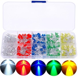 MINGZE 3mm LED Diodes, Diffused 2 Pin Round Head Light Emitting Diode Resistor, 5 Assorted Colors LED Lamps White Red Yellow Green Blue Kit Box (500 Pieces)