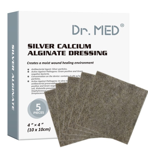 Dr. Med Ag Silver Calcium Alginate Wound Dressing 4''x4'', 5 Individual Pack Patches High Absorbency Ag Alginate Wound Bandage, Non-Adhesive, Painless Removal Gauze(5 PCS/Box)