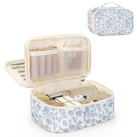 Relavel Bolsa de maquillaje de viaje, pequeña bolsa de cosméticos florales con compartimento para brochas de maquillaje, bolsa de maquillaje portátil 