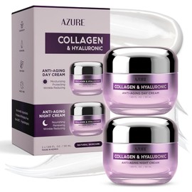 Azure Cosmetics Collagen & Hyaluronic Acid Face Moisturizer - Dermatologist Tested, Anti-Aging Cream for Fine Lines & Wrinkles - Ultra Hydrating Face Cream - Korean Skin Care - Day & Night Duo Set