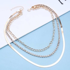 Cimenexe Punk Layered Tennis Chain Necklace Snake Bone Chain Necklace Gold Snake Chain Necklace Bohemian Vintage Crystal Choker Necklace Flat Herringbone Necklace Choker Jewelry for Women and Girls