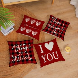 Neatee Living Happy Valentines Day Pillow Covers 12x12 Set of 4 Red Love Heart Throw Pillow Covers Wedding Anniversary Pillow Covers Pillow Cases Home Outdoor Sofa Couch Cushion Covers (12 by 12)