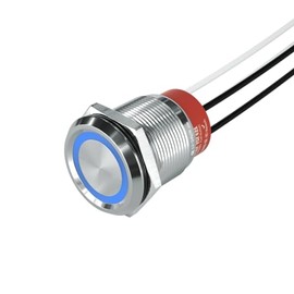 HBAN 22mm Momentary Stainless Steel Flat Round Pre-Wired Head Push Button Switch 10A 2 Normally Open with Ring Led 12V 24V 1PCS (Momentary, Blue)