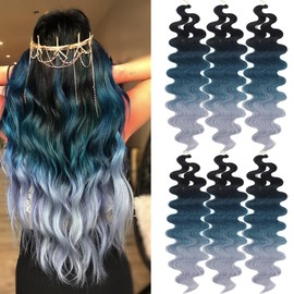 30 Inch Body Wave Crochet Hair 6 Packs Synthetic Curly Braiding Hair Ocean Wave Twist Crochet Braids French Curl Crochet Braids Wavy Braiding Hair Extensions(30",Black-Dark Blue-Sliver Grey)