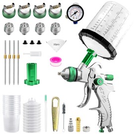 HVLP Gravity Fed Air Spray Gun with 1.4/1.7/2.0/2.5 mm Nozzles and 650 cc Mixing Cups, Spray Paint Gun for Automotive Refinishing and Home Wall Finishing Applications (Green)