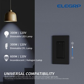 ELEGRP Digital Dimmer Light Switch for 300W Dimmable LED/CFL Lights and 600W Incandescent/Halogen, Single Pole/3-Way LED Slide Dimmer Light Switch, Wall Plate Included, UL Listed, 1 Pack, Matte Black