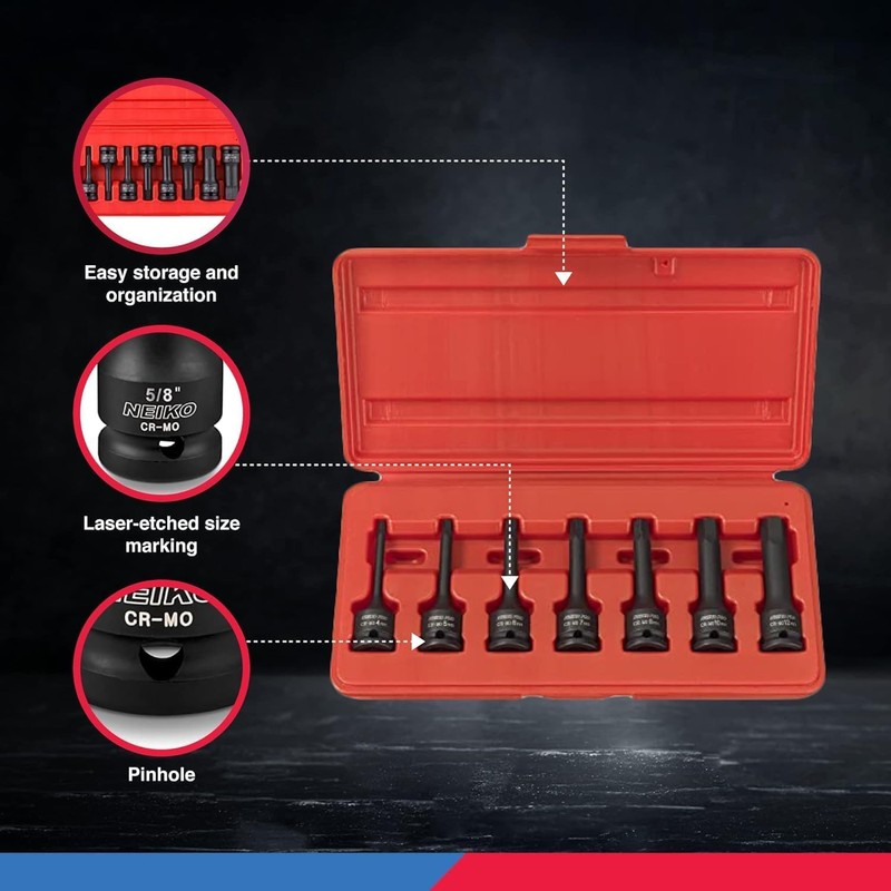 NEIKO 01130B 3/8" Drive Allen Socket Set, 7 Piece, 3