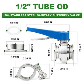 TAISHER 1PCS 304 Stainless Steel 1/2" Tube OD Butterfly Valve Kit 1.5" Tri Clamp 50.5MM Ferrule Flange
