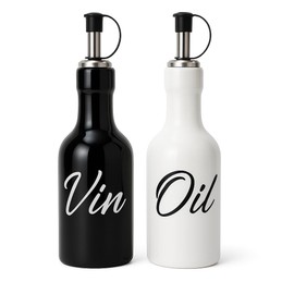Ceramic Oil and Vinegar Dispenser Set – 195 Ml. Black & White Bottles with Leak-Proof Spouts – Modern Kitchen Set by Olmea