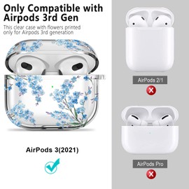Wonjury Clear Case Compatible with Airpods 3 Case Cover, Wonjury Protective Floral Case Cover with Keychain Compatible with Airpods 3 Generation (2021 Released), Front LED Visible,Blue Flower