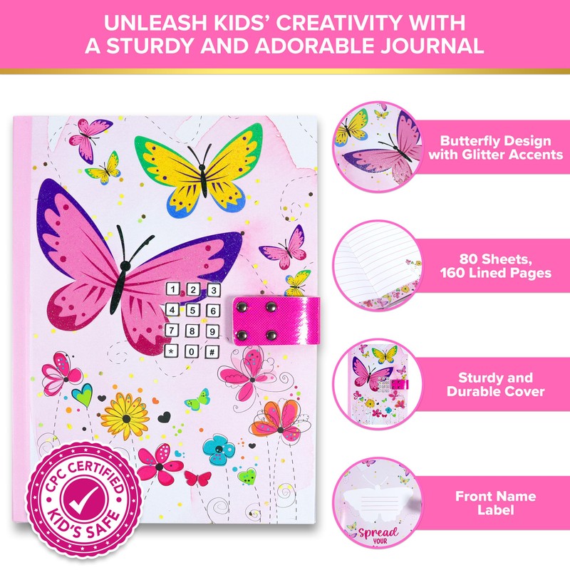 Decorably Glittery A5 Cat Diary for Girls Ages 6-8 with
