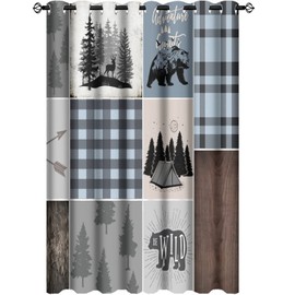 Kazynee Rustic Bear Deer Blackout Curtains for Bedroom,Retro Farmhouse Forest Animals Blue Plaid Check Grommet Thermal Insulated Room Darkening Curtains Window Curtains 2 Panels 63L x 21W