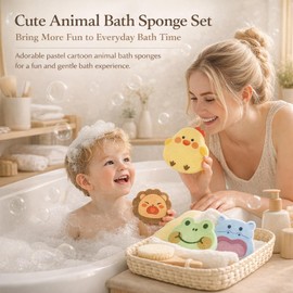 4 Pcs Animal Shaped Bath Sponge Set Soft Wood Pulp Bath Sponge Gentle Shower Sponge Lightweight Foam Sponge for Daily Bathing Hippo Frog Monkey Chick Design