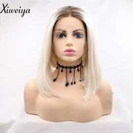 Xiweiya Short Bob Wig Ombre Platinum White with Blonde Brown Roots Middle Part Heat Resistant Synthetic Lace Front Wigs For Women Dark Root Blonde Short Haircut Hand Tied Replacement Full Wig