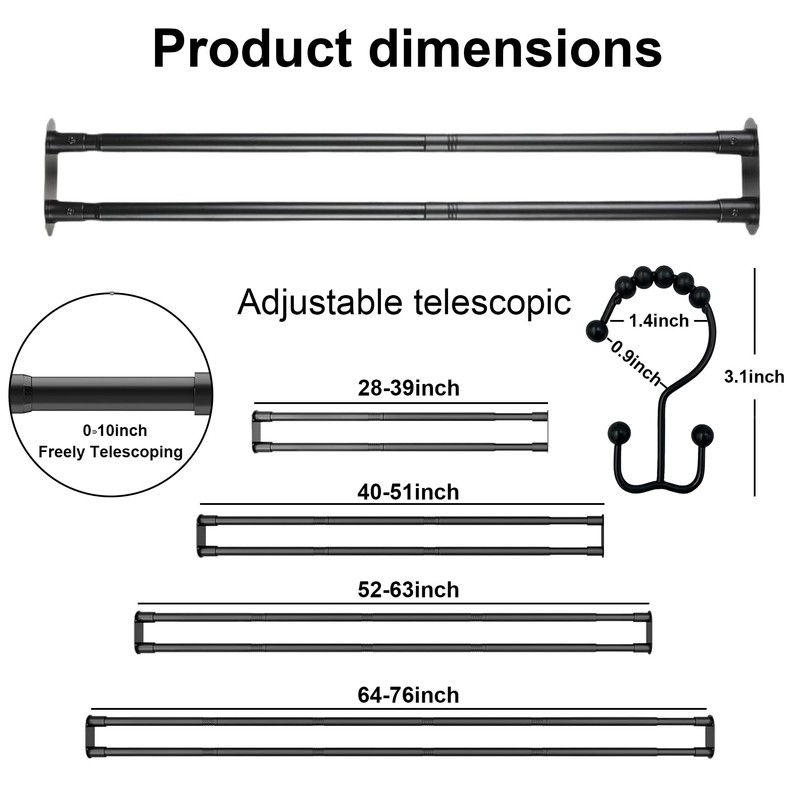 Yivioep Black Double Shower Curtain Rod - Adjustable 28-76 Inch