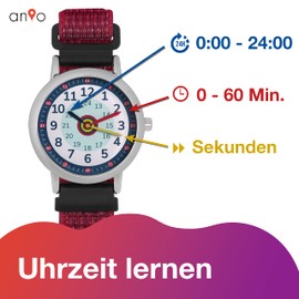 Anio 3 Children's Learning Watch – Children's Watch for Learning Times from 6 Years, Waterproof up to 5 Bar, Children's Watch for Boys and Girls, red, Strap.