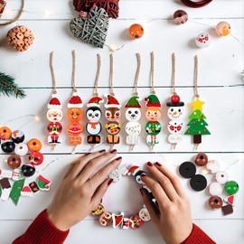 40Sets Christmas Wooden Beads Ornaments Crafts Kits：DIY Xmas Santa, Elf, Gingerbread, Penguin, Reindeer, Snowman, Tree Winter Decorations Stocking Stuffers Goodie Bag Party Supplies