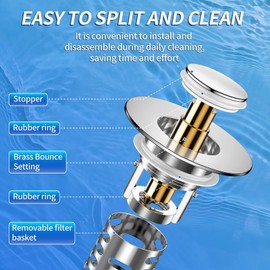 Ocevia Bathroom Sink Stopper - 1.1"-2.36" Universal Fit, Stainless Steel Pop Up, Hair Catcher & Easy Install (2pcs)