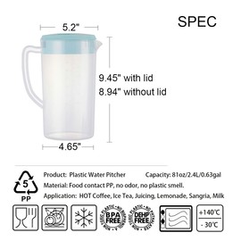 81oz/2.4Litre/0.63 Gallon Plastic Water Pitcher with Lid BPA-FREE Carafes Mix Drinks Water Jug for Hot/Cold Juice Beverage Ice Tea (Sky Blue, 81oz)