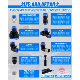EilxMag 116PCS Quick Connect Air Hose Fitting Kit, 1/8" 1/4" 3/8" 1/2" Push to Connect Fittings Kit, Nylon Tubing Air Line Quick Release Pneumatic Connectors for Air Brake System or Fluid Transfer