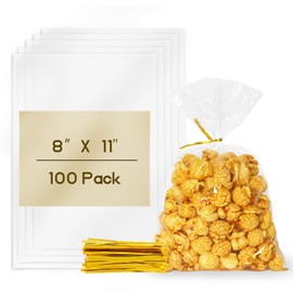 WIKDAY Cellophane Bags 100 PCS 8x11 Inches Clear Gift Gags with Ties Plastic Treat Party Favor Candy Bags for Gift Giving, Packaging Snack, Products