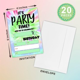It's Party Time! Birthday Invitations, Tie Dye Theme Birthday Party Invite Cards For Boys & Girls - 20 Double Side Fill-In Invites With Envelopes, Party Favor & Decorations - 29