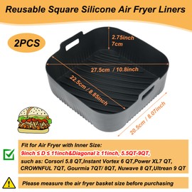 BYKITCHEN 9 Inch Square Silicone Air Fryer Liners for 5.5 to 9 QT, Set of 2, Reusable Silicone Air Fryer Tray Insert, Air Fryer Accessories for Corsori, Gourmia, Instant Vortex, Power XL and More
