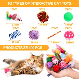 Nicunom 100 Pcs Cat Toys for Indoor Cats and Kittens - Spring, Fur Mice, Crinkle Ball, Sparkle Pom Pom Ball, Bell, Catnip Rope, Variety Cat Interactive Toy Set