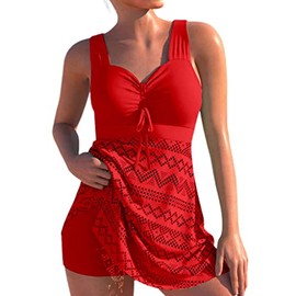 eBoutik – Women’s Tankini Set – Ladies 2 Piece Swimwear for Beach, Swimming or Poolside – Summer Swim Long Top & Shorts for Tummy Cover Control (Large (12-14)) Red