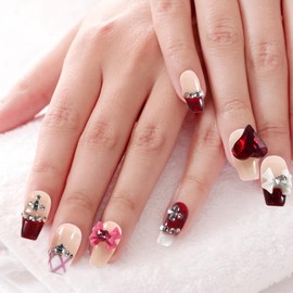 XODITO Fake Nails Set Red Medium Square Bling Glossy 3D Bow Heart Rhinestone False Nail Tips, Press On Nails, Artificial Art Nails Finger Manicure for Women and Girls(CDJ0022-S)