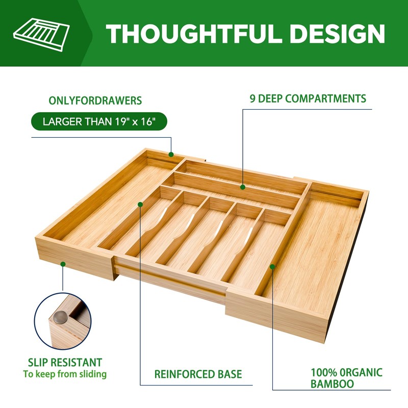 Simple Trending Bamboo Kitchen Drawer Organizer, Expandable Silverware Organizer, Utensil