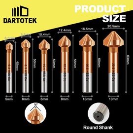 Countersink Drill Bit M35 Set, DARTOTEK HSS 3 Flutes 90 Degrees Chamfering Tool Cobalt-plated Ø 6.3-20.5 mm Countersink and Deburrer Set for Stainless Steel, Aluminium Metal and Wood