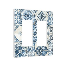Retro Blue Tile 2 Gang Double Rocker/Decor Light Switch Cover Decorative Outlet Wall Plate Electrical Faceplate Home Bedroom Art Panel Decor Screwless 4.7" x 4.6