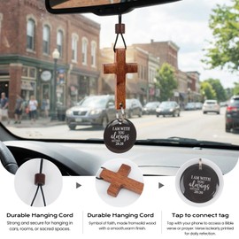 Manoai Cross for Car- Car Mirror Hanging Accessories, Natural Walnut Wood Cross Pendant, Scan Daily Bible Verses, Christian Religious Jewelry for Men & Women (2pcs)